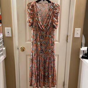 SO Ladies Orange w/black and blue  long Dress Wrap Pleated. Size XL